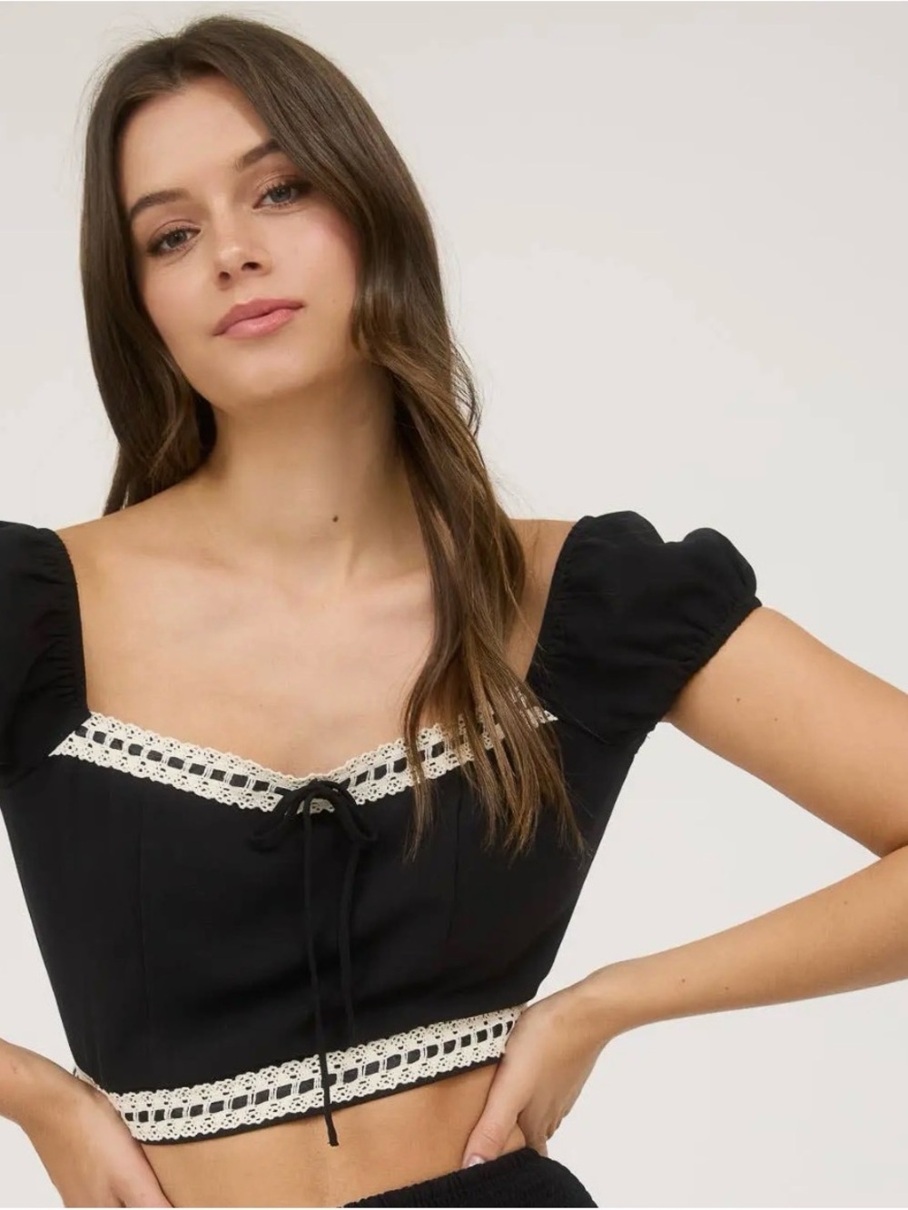 Blu Pepper Black Crop Top with Cream Lace Trim